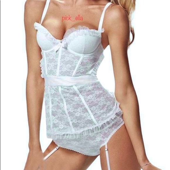 36D/M/L 2pc VS Victoria’s Secret I DO Bridal White lace ruffle babydoll garter - Picture 2 of 16